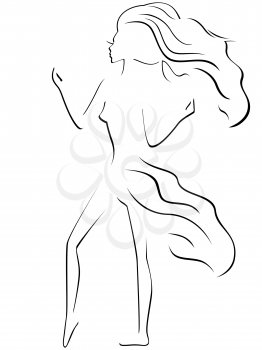 Abstract graceful girl with waving hair and dress, sketching vector artwork
