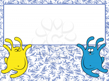 Funny rabbits holding a big advertising banner, vector illustration on the blue seamless floral background