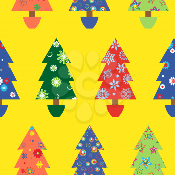 Christmas tree seamless vector pattern with colourful ornate decoration as a fabric detail over yellow background