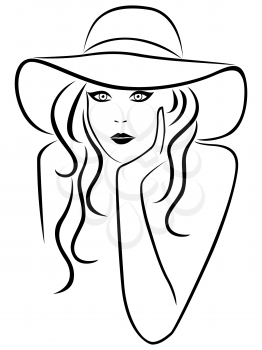 Abstract beautiful young women portrait in a hat with wide brim, hand drawing vector outline