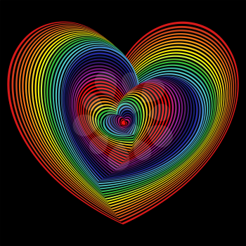 Twisted spectrum of concentric heart shapes isolated on the black background, vector artwork