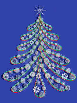 Stylized ornate Christmas tree with lot of lacy white snowflakes and with colorful illumination on the blue background, vector illustration
