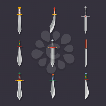 Swords knives daggers sharp blades flat icon set isolated vector illustration