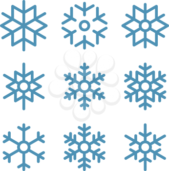 Set of Nine Snowflakes thin line ftat design vector illustration