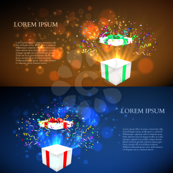 Open gift with fireworks from confetti. vector illustration