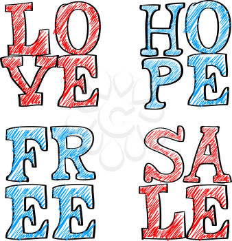 Hand Drawn Text. Love hope free and sale. Vector Illustration