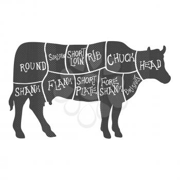 Monochrome Beef cuts diagram butchering Vector illustration