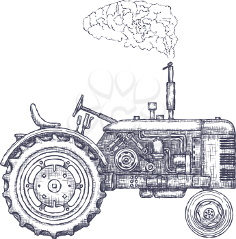 Vintage agricultural tractor, sketch. Hand drawn Vector illustration