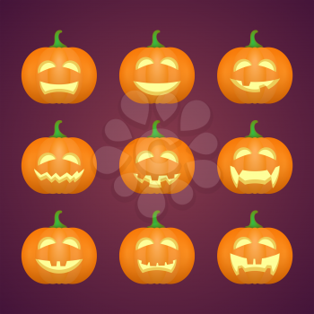 Halloween carved pumpkins. Carved face emotions set. Vector illustration