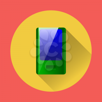 Green mp3 player icon with yellow round and red background, longshadow