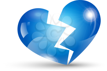 Broken isolated blue heart with shadow on a white background
