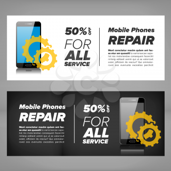 Smart phone device repair banner with gears and mobile phone
