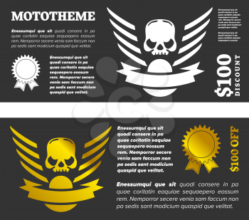 Motor skull shield design banner with discount and award icon