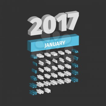 January 2017 three dimensional Calendar on a black