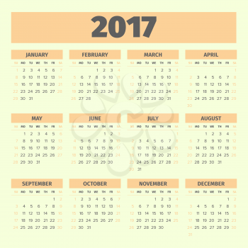 calendar 2017 template with orange color and lite green background