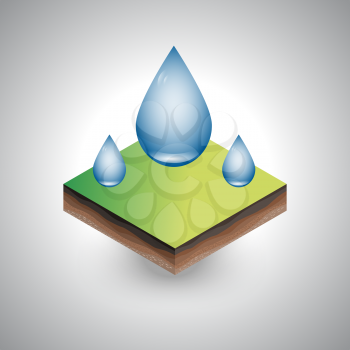 Isometric piece of the soil with shadow and water drops