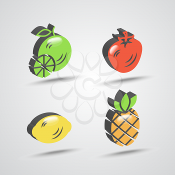 color three dimensional fruit icon set with shadows