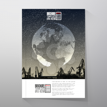 Shipyard, harbor skyline, world globe night design vector. Brochure, flyer or report for business, templates vector.