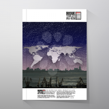 Shipyard and city landscape, world map night design vector. Brochure, flyer or report for business, templates vector.