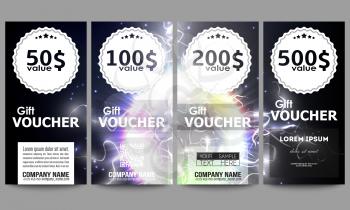 Set of modern gift voucher templates. Electric lighting effect. Magic vector background with lightning. 
