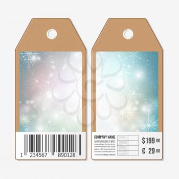 Vector tags design on both sides, cardboard sale labels with barcode. Blue abstract winter background with snowflakes.