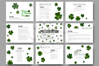 Set of 9 vector templates for presentation slides. Green clovers on white, decoration for St Patricks day