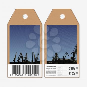 Vector tags design on both sides, cardboard sale labels with barcode. Shipyard and city landscape.