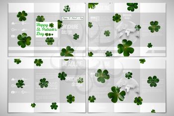 Vector set of tri-fold brochure design template on both sides with world globe element. St Patricks day vector background, green clovers on white