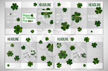 Vector set of tri-fold brochure design template on both sides with world globe element. St Patricks day vector background, green clovers on white