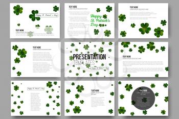 Set of 9 vector templates for presentation slides. Green clovers on white, decoration for St Patricks day