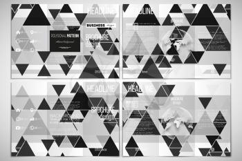 Vector set of tri-fold brochure design template on both sides with world globe element. Triangular vector pattern. Abstract black triangles on white background