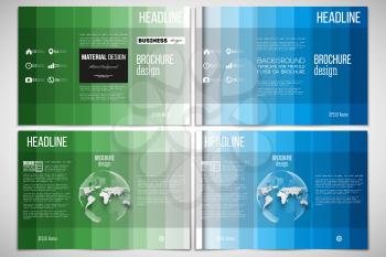 Vector set of tri-fold brochure design template on both sides with world globe element. Abstract colorful business background, blue and green colors, modern stylish striped vector texture for your cov