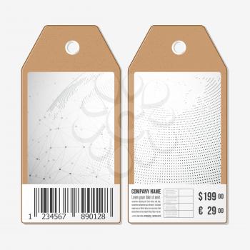 Vector tags design on both sides, cardboard sale labels with barcode. Dotted world globe.