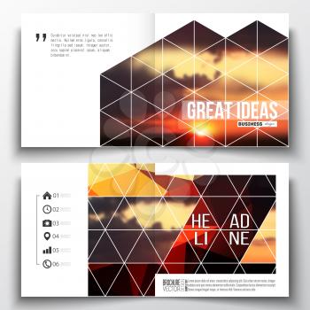 Set of annual report business templates for brochure, magazine, flyer or booklet. Colorful polygonal backdrop, blurred natural background, amazing summer sunset view, modern triangle vector texture