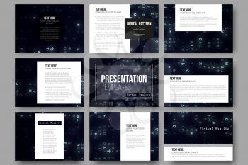 Set of 9 vector templates for presentation slides. Virtual reality, abstract technology background with blue symbols, vector illustration.