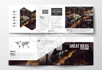 Vector set of tri-fold brochures, square design templates with element of world map. Dark polygonal background, blurred image, night city landscape, Paris cityscape, modern triangular vector texture