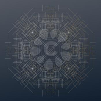 Abstract round technology pattern on dark background, golden mandala template with connecting lines and dots, connection structure. Digital scientific vector.
