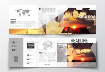 Vector set of tri-fold brochures, square design templates with element of world map and globe. Colorful polygonal backdrop, blurred natural background, amazing summer sunset view, triangular texture