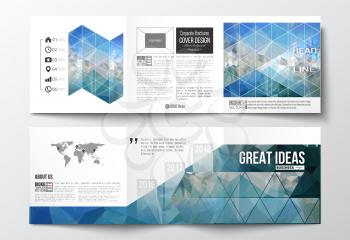Set of tri-fold brochures, square design templates with element of world map. Abstract blue polygonal background, colorful backdrop, modern stylish vector texture.