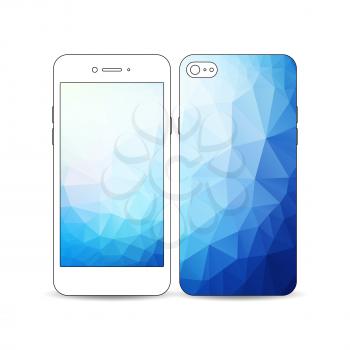 White mobile smartphone with an example of the screen and cover design isolated on white background. Abstract colorful polygonal background, modern stylish triangle vector texture.