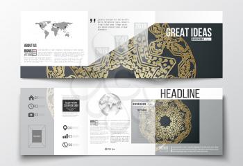 Set of tri-fold brochures, square design templates with element of world map and globe. Golden microchip pattern on dark background, mandala template with connecting dots and lines
