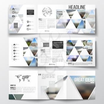 Set of tri-fold brochures, square design templates with element of world map and globe. Abstract colorful polygonal background, natural landscapes, geometric, triangular style vector illustration