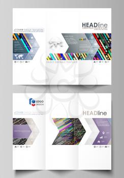 Tri-fold brochure business templates on both sides. Easy editable abstract vector layout in flat design. Colorful background made of stripes. Abstract tubes and dots. Glowing multicolored texture.