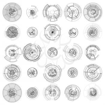 Set of abstract hud elements isolated on white background. High tech motion design, round interfaces, connecting systems. Science and technology concept. Futuristic vector