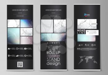 Set of roll up banner stands, flat design templates, abstract geometric style, modern business concept, corporate vertical vector flyers, flag layouts. Compounds lines and dots. Big data visualization