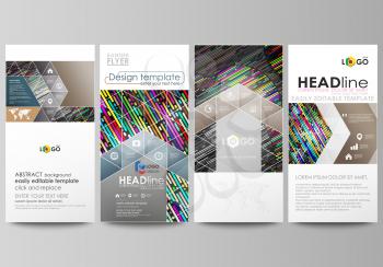 Flyers set, modern banners. Business templates. Cover design template, easy editable abstract vector layouts. Colorful background made of stripes. Abstract tubes and dots. Glowing multicolored texture