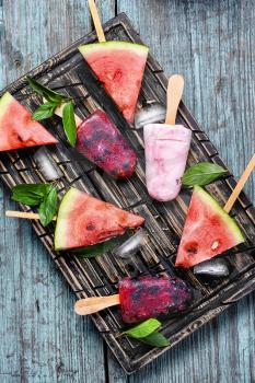 Fruit ice cream with berries and taste of watermelon