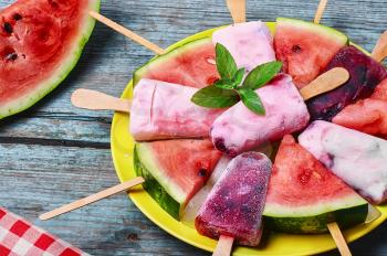 Fruit ice cream with berries and taste of watermelon