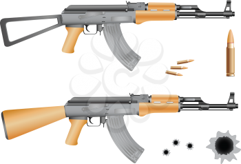 Ak-47, bullets and gunshot holes isolated on the white background