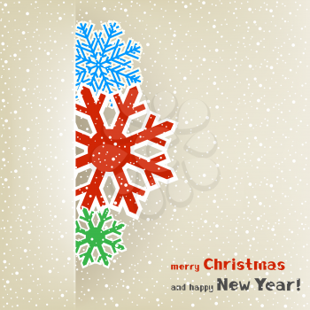 Christmas and New Year card with snowflakes on the light snow winter mesh background